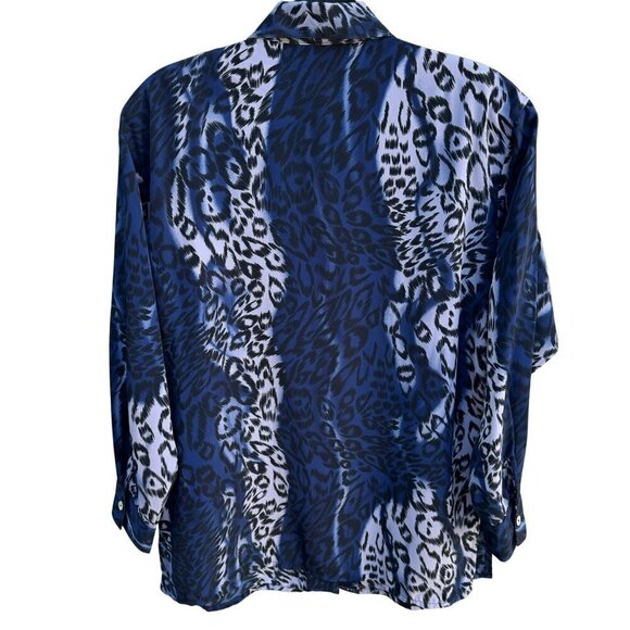 Style Exchange Vintage 90s Womens Blue Black Leopard Print Button-Down Blouse M - Picture 7 of 11